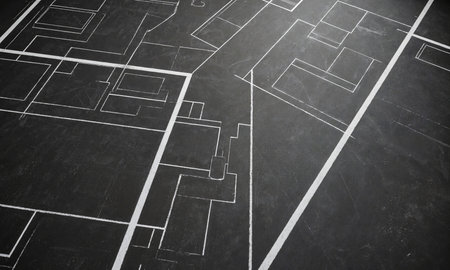 Chalk Markings Floor. Temporary chalk markings outline hypothetical set pieces and camera positions on the dark studio floor. The whiteの素材