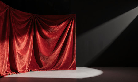 Crimson Velvet Void - Medium shot of rich red velvet cyclorama, plush texture lit by a single soft edge lightの素材
