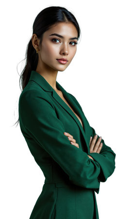 A South Asian businesswoman in a sleek emerald green suit, standing confidently with digital blueprints and growth projections swirling aroundの素材