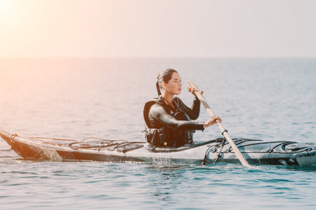 Kayaking Woman Water - A woman in a kayak paddles on a calm body of water, holding a paddle and drinking from a bottle. The sun is setting in the distance.の写真素材