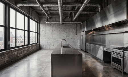 Urban Industrial Kitchen - Loft-style empty kitchen with stainless steel countertops, concrete floor, exposed piping above, captured from corner atの素材