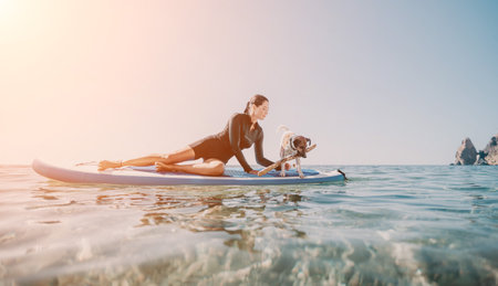 Woman Paddleboard Dog Ocean - Woman kneeling on paddleboard with dog in ocean.の写真素材