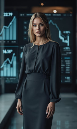 A white female entrepreneur in a sophisticated charcoal dress, standing against a backdrop of floating digital financial reports, embodying herの素材