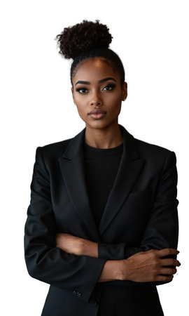 A Black female business leader, standing confidently in a corporate office, with a look of determination, representing the powerの素材