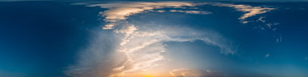 360 panorama of glowing sunset sky with bright Cirrus clouds. Seamless hdr spherical 360 panorama....