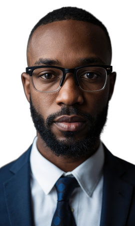 A Black male CEO with a well-groomed beard and angular glasses, his face serious and focused, surrounded by dynamic lightの素材
