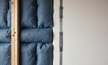 Recycled Denim Insulation. A construction-phase shot of a modern, eco-friendly home, focusing on a wall where the insulation is exposed.の素材