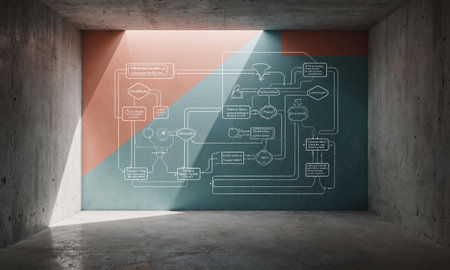 Silent innovation bay Empty concrete room glowing with overlays of futuristic flow diagrams in warm coral and cold aqua, shaftsの素材