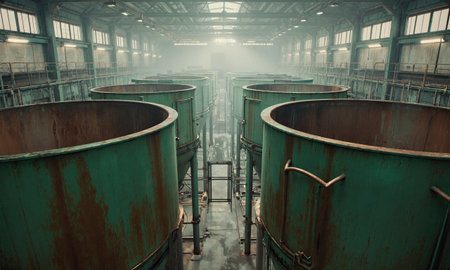 Vacant Vat Valley - Giant mixing vats stand open and dry, wide shot from catwalk above, ambient glow from safetyの素材