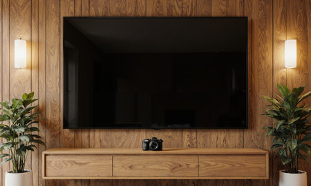 Warm modern lounge - A large screen mounted on a honey wood-paneled wall, console blending in below, balanced by twinの素材