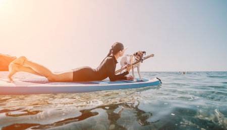 Woman Paddleboard Dog Sunset Beach Water Sportsの写真素材