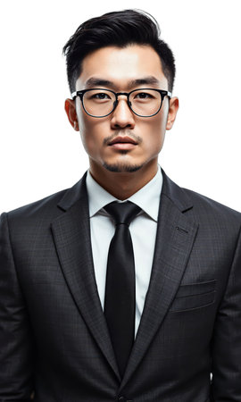 Professional Man in Glasses Serious-looking businessman in a suit with black tie and glasses, facing front, formal demeanor, shot fromの素材