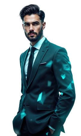 A sharp male business leader, glowing in deep teal, with projections of financial success and tech breakthroughs around him, embodyingの素材