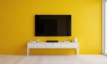 Bold Yellow Accent - A striking yellow wall holds a mounted TV and slim console with minimal decor, producing vividの素材