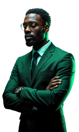 A Black male leader in bold emerald green, arms crossed with determination, surrounded by glowing financial symbols, portraying his dominanceの素材