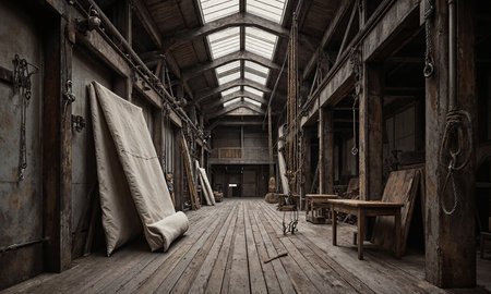 Sail Loft Silence Nautical sail-making loft, bolts of canvas absent, rigging hooks dangle; low aisle shot toward skylight, dusty shaftsの素材