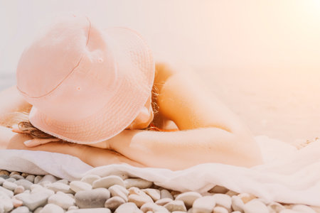 Woman Beach Hat Relaxing Sunbathing Summer Beachの写真素材