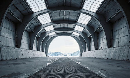 Ice-breaker Dock Hall Empty indoor dry dock for ice-breaker maintenance, massive steel buttresses arch overhead; drone near ceiling looking downの素材