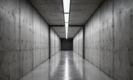 Industrial Hallway Space - Long corridor with raw concrete walls, overhead fluorescent lights casting soft glows, polished reflective floor amplifyingの素材