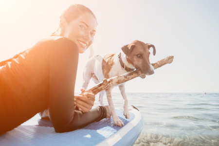 Woman Dog Paddleboard Smiling Happy Beach Water Playの写真素材
