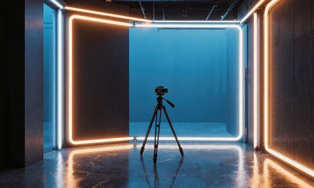 Neon Video Studio - A clean minimalist video studio accented by glowing neon tubes along the ceiling edges, reflectedの素材