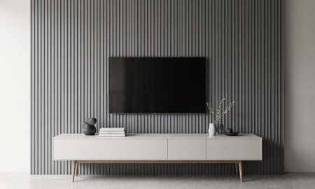 Textured panel design - A grey ribbed wall holding a flat-screen TV above a minimalist console table with neutral accessories;の素材