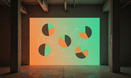 Silent chart loft Empty loft bathed in gradient projections of orange and emerald, floating pie charts hover quietly midair, cinematicの素材