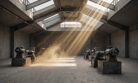 Dust Dance Pavilion - Sunbeams pierce roof holes to spotlight swirling dust motes above idle lathes, slow-motion capture from groundの素材
