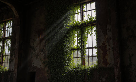 Ivy Covered Window. Thick, green ivy has grown over and through a large, rusted window frame of an abandoned factoryの素材