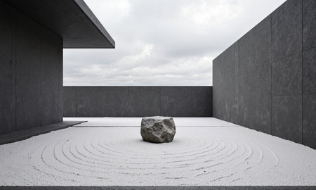 Stone Podium Garden. A serene, minimalist Zen garden with a floor of fine white sand, raked into a simple pattern.の素材
