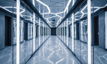 Hall of Infinite Reflections - A long, narrow corridor lined on all sides-walls, floor, and ceiling-with large, irregularly shaped mirrors.の素材