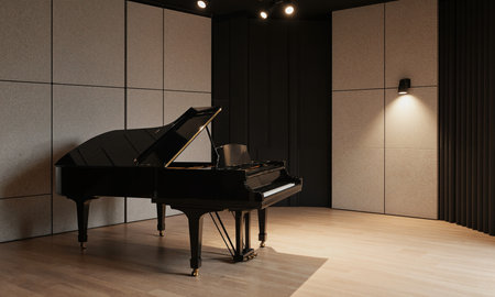 Empty Sound Studio. A professional sound recording studio with a grand piano in the center of a room with optimizedの素材