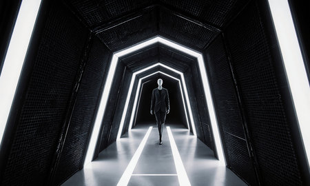 Digital Fashion Cave - Low dolly shot through corridor of black mesh LED panels forming angular cave, mannequins absent, floorの素材