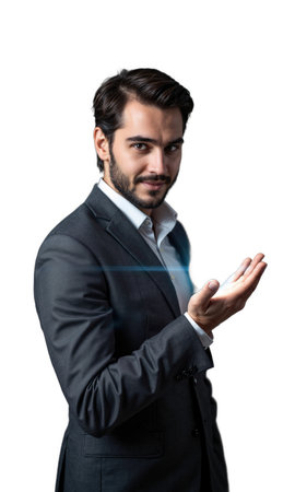 A decisive male entrepreneur in slate gray, his hand gently touching a floating light sphere, symbolizing vision activation, control overの素材