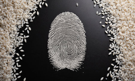 Rice Grain Fingerprint. An extreme macro, top-down photograph of a human fingerprint meticulously recreated with thousands of individual grainsの素材