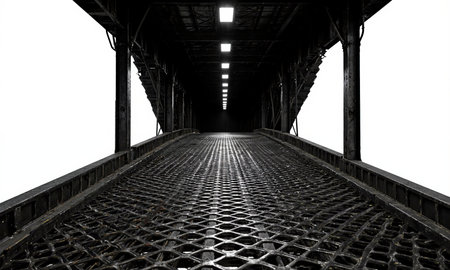 Industrial Catwalk. A long, narrow catwalk made of dark metal mesh, suspended in a vast, dark, and empty industrial warehouse.の素材