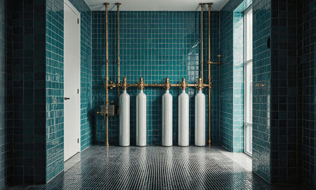 Oxygen Bottle Filling Bay Still Cylinder filling manifold hall cleared, brass valves left closed, polished floor grids; centered frontal shotの素材