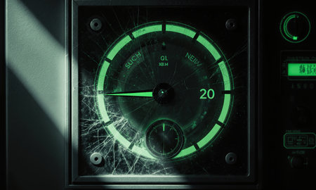 Dust Dial Domain - Control panel with dials frozen at zero, extreme close-up on cracked glass, sidelight from dead monitorの素材