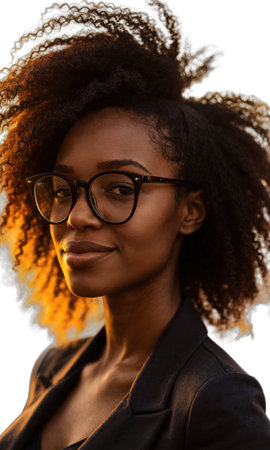 A confident Black woman with natural curls, sporting modern glasses, her expression firm and decisive, bathed in golden rays, symbolizingの素材