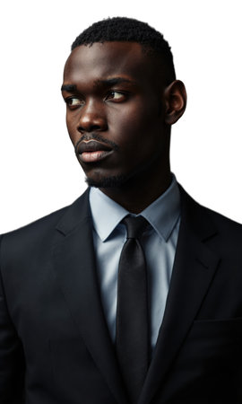 A Black male entrepreneur dressed in a well-tailored suit, his gaze fierce and confident, representing innovation, strategy, and leadership qualitiesの素材