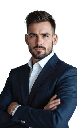 A White male entrepreneur with a focused gaze, dressed in professional attire, standing with arms folded, symbolizing confidence, leadershipの素材