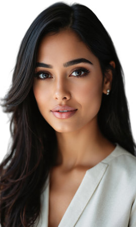 A South Asian female CEO, her eyes steady and focused, radiating strength, innovation, and the wisdom to lead her businessの素材