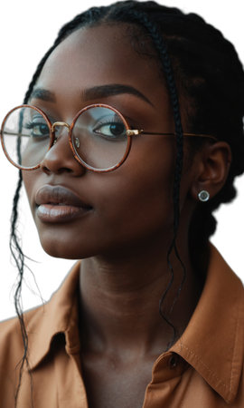 A Black woman with sleek hair pulled back into a bun and round glasses, her powerful gaze framed by luminousの素材