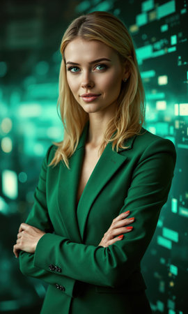 A blonde businesswoman in emerald green, arms crossed, surrounded by cascading lines of data and glowing stars, representing visionary leadershipの素材