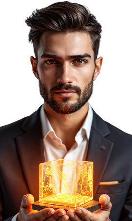 A male founder in matte copper, holding a cube of glowing client pain points he reshaped into solutions, symbolizing empathyの素材