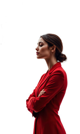 A visionary woman in rich crimson, surrounded by swirling abstract shapes that form interconnected circles of ideas and innovation, symbolizingの素材