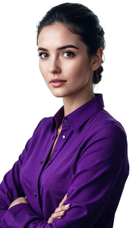 A powerful female business leader in a deep purple blouse, surrounded by glowing symbols of economic growth and digital technologyの素材