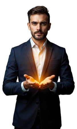 A confident man in deep navy, standing with radiant golden hands projecting from his shoulders, symbolizing collaborative leadership, delegationの素材