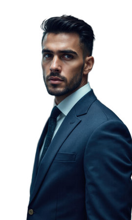 A Middle Eastern male business mogul in a distinguished navy suit, surrounded by digital visualizations of market growth and innovationの素材