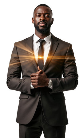 A bold male leader in deep bronze, standing tall with hands clasped, surrounded by beams of light reflecting the valuesの素材